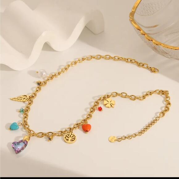 Charm Necklace Gold Chain Link Collar Length Cottagecore Boho Delicate NEW - Picture 1 of 6